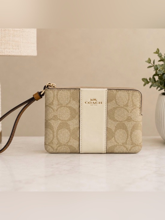 Coach Handbags - Coach Khaki & Chalk Signature Canvas Wristlet with Gold Logo